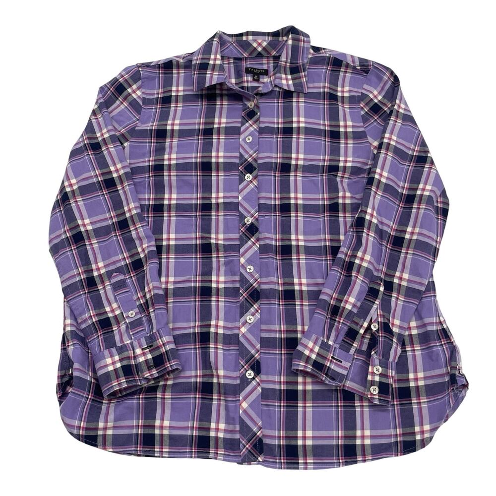 Talbots Top Womens Size Petite Large Purple Blue Pink Plaid Long Sleeve